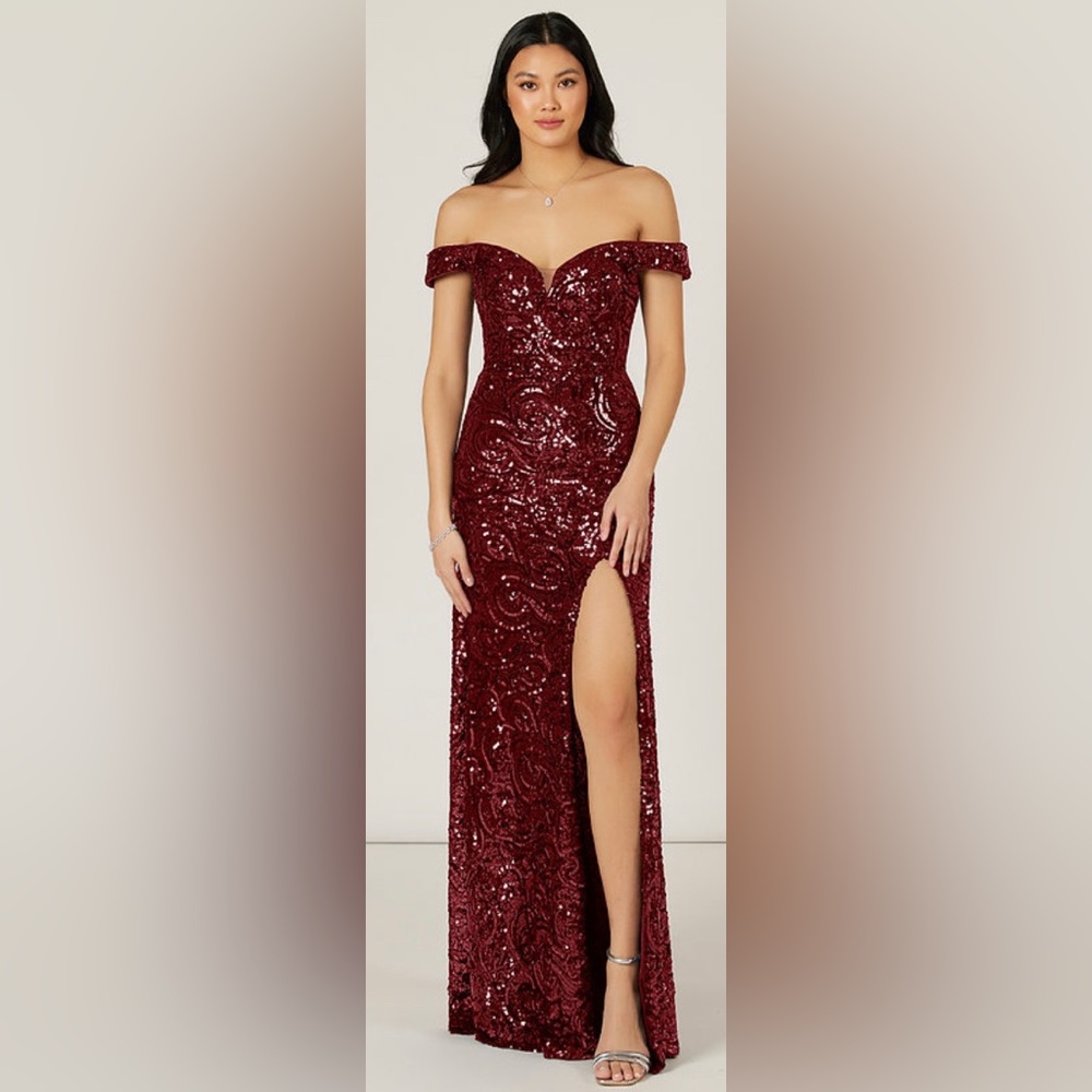 Long red sequin formal off the shoulder dress